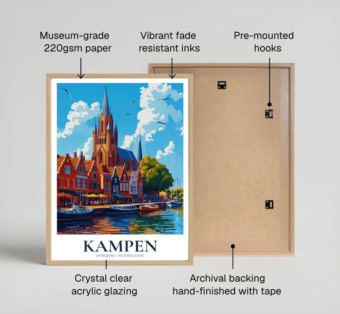 Graphic cityscape poster of Kampen Overijssel Netherlands showing colorful waterfront facades and blue water reflections, crafted by MapYourDreams with choices available for an unframed paper print, a durable gallery canvas print, or a custom framed wall piece for home office decor setups.