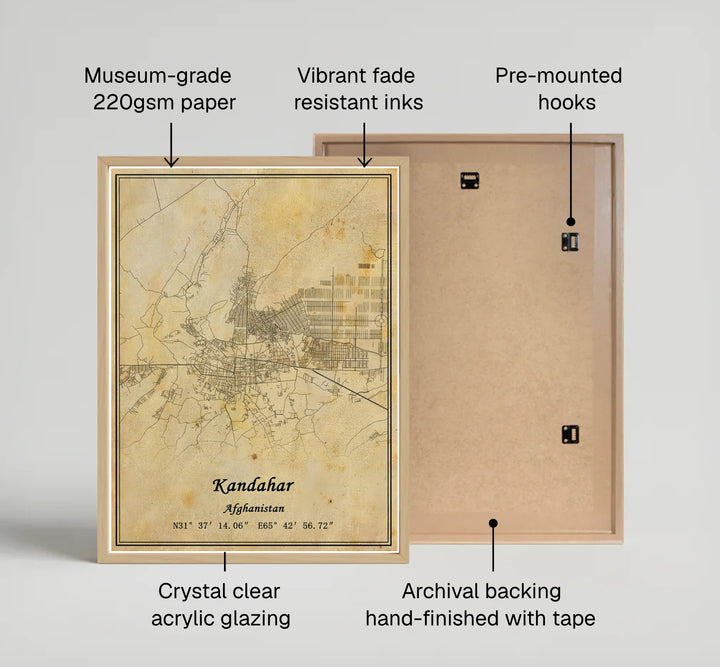 Historical street map wall print of Kandahar, Afghanistan, displaying detailed arterial routes, residential grids, and classic cartographic typography. Crafted by MapYourDreams as an unframed art print, a stretched canvas wall decor item, or a custom framed wall print in pure gold and silver frames to elevate hallway spaces.