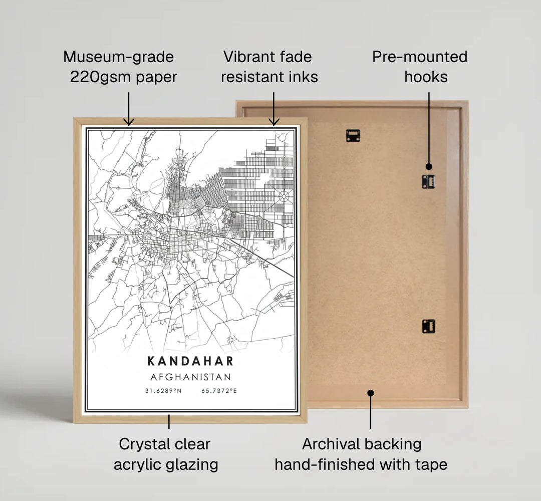 Modern-style map poster of Kandahar, Afghanistan, depicting detailed city street vectors and outer avenues on a bright white background. Crafted by MapYourDreams as an unframed poster, a gallery-wrapped canvas print, or a custom framed print in retro black and retro white frames for modern living rooms.