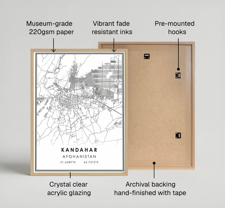 Modern-style map poster of Kandahar, Afghanistan, depicting detailed city street vectors and outer avenues on a bright white background. Crafted by MapYourDreams as an unframed poster, a gallery-wrapped canvas print, or a custom framed print in retro black and retro white frames for modern living rooms.