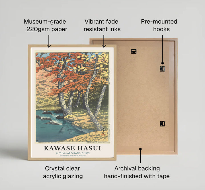 Classic Shin-hanga landscape print Autumn at Oirase by artist Kawase Hasui depicting birch tree trunks and red maple foliage at Oirase Mountain Stream. MapYourDreams provides custom fine art framed, unframed, and canvas print formats.