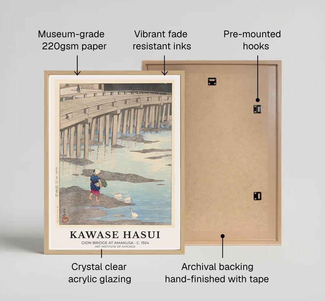 Classic Shin-hanga landscape print Gion Bridge at Amakusa by artist Kawase Hasui depicting white geese wading in tidal waters at Gion Bridge in Amakusa. MapYourDreams provides custom fine art framed, unframed, and canvas print formats.