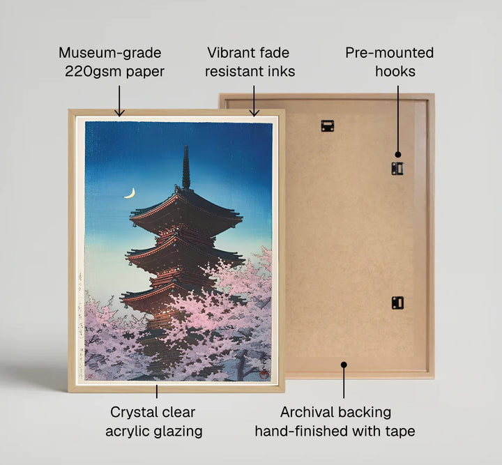 Classic Shin-hanga landscape print Spring Evening Ueno by artist Kawase Hasui depicting a gradient twilight sky and crescent moon at Spring Evening Ueno. MapYourDreams provides custom fine art framed, unframed, and canvas print formats.