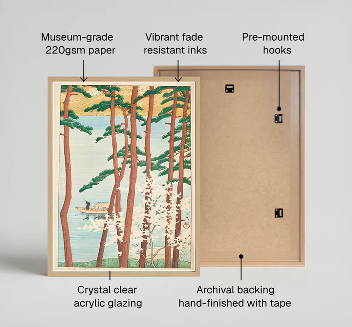 Serene Japanese spring print Spring at Arashiyama Kyoto by artist Kawase Hasui from 1934 Kyoto series at Spring at Arashiyama Kyoto for living room wall decor. Select framed, unframed poster, or gallery canvas choices at MapYourDreams.