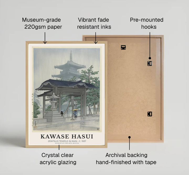 Classic Shin-hanga landscape print Zentsuji Temple by artist Kawase Hasui depicting a misty pagoda silhouette and rain lines at Zentsuji Temple. MapYourDreams provides custom fine art framed, unframed, and canvas print formats.