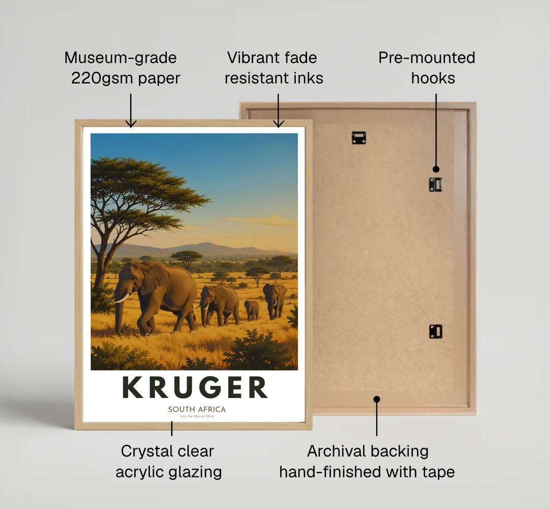 Kruger South Africa safari wall poster showcasing majestic elephant wildlife set against scenic mountain backdrop views. Offered by MapYourDreams, this artwork is available in flexible options including unframed paper, custom wooden frames, and gallery canvas prints for home styling options.
