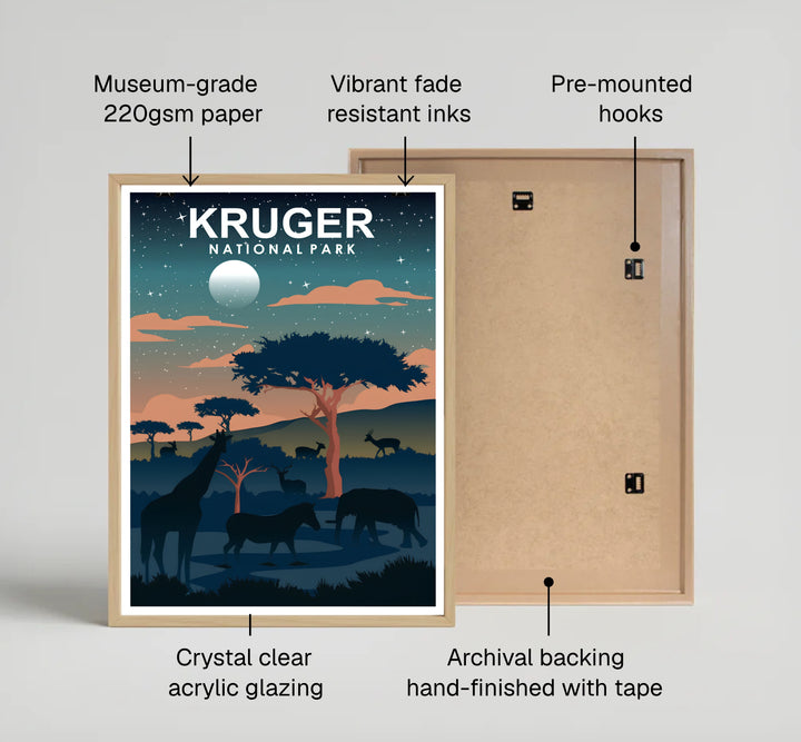 Enchanting Kruger National Park wall decor displaying giraffes, elephants, zebras, and impalas beneath a sparkling night canopy. Offered by MapYourDreams, this artwork is available in flexible options including unframed paper, custom wooden frames, and gallery canvas wraps for tailored home wall decor setups.