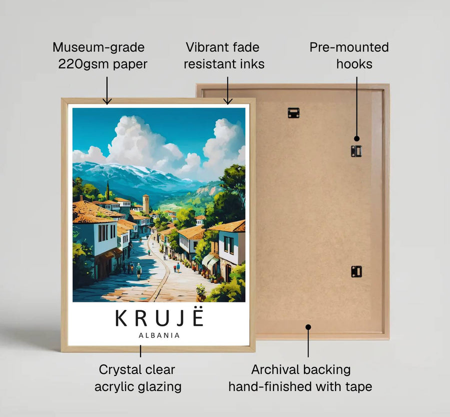 Looking up the historic bazaar path toward distant snow-capped Balkan peaks, this Krujë poster brings bright European cultural heritage home. Provided by MapYourDreams in flexible choices such as unframed paper prints, wood-framed styles, and wrapped canvas options.