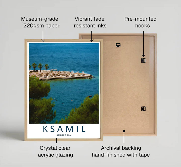 Looking through green pine branches toward the tranquil swimming waters of Ksamil, this travel photo print brings bright vacation energy indoors. Provided by MapYourDreams in flexible choices such as unframed paper prints, wood-framed styles, and wrapped canvas options.