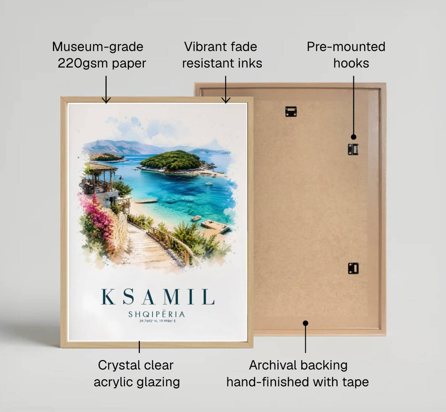 Looking past blooming bougainvillea down toward the tranquil turquoise waters of Ksamil, this travel watercolor brings bright vacation energy indoors. Provided by MapYourDreams in flexible choices such as unframed paper prints, wood-framed styles, and wrapped canvas options.