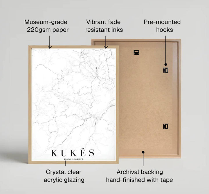 Clean black vector linework creates a striking cartographic layout of the Kukës region in Albania on a bright white archival print surface. Order this artwork in your preferred style, such as an unframed paper print, a sleek wood frame, or a stretched canvas wrap.