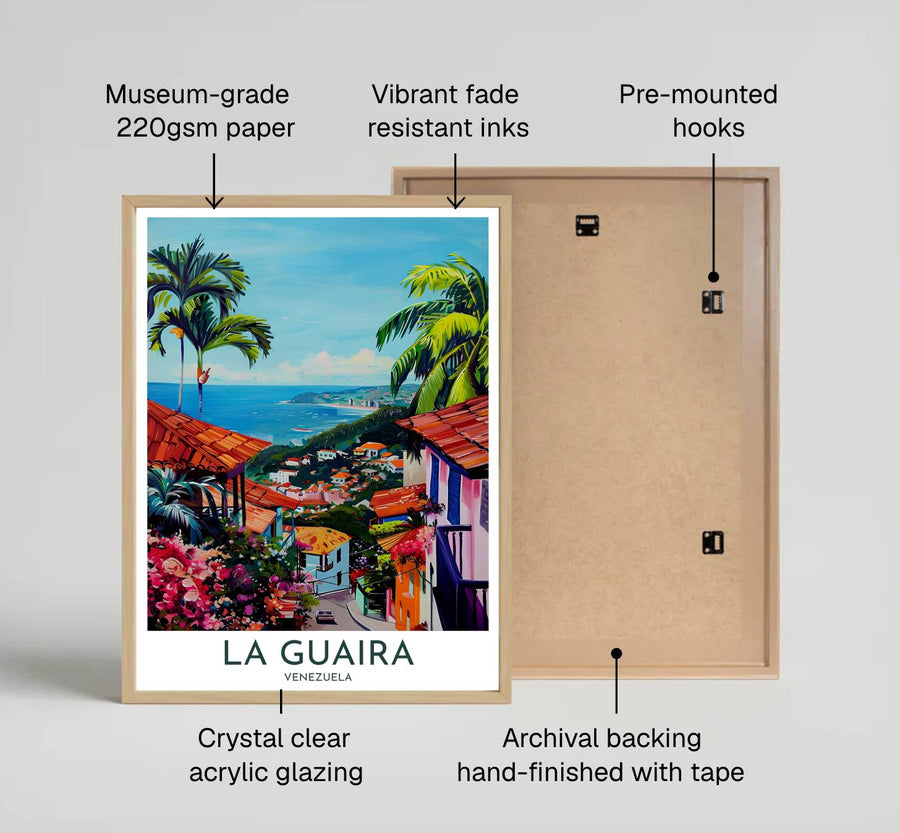 Fine art travel poster featuring margin headers reading LA GUAIRA VENEZUELA beneath a vibrant painterly coastal street illustration. Available directly from MapYourDreams, this print comes in versatile mediums including roll-packed paper, custom frames, or canvas wraps.