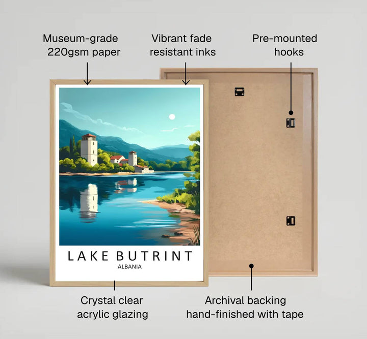 Looking across the calm turquoise surface toward the ancient Venetian Tower of Butrint, this retro print brings peaceful vacation energy indoors. Provided by MapYourDreams in flexible choices such as unframed paper prints, wood-framed styles, and wrapped canvas options.