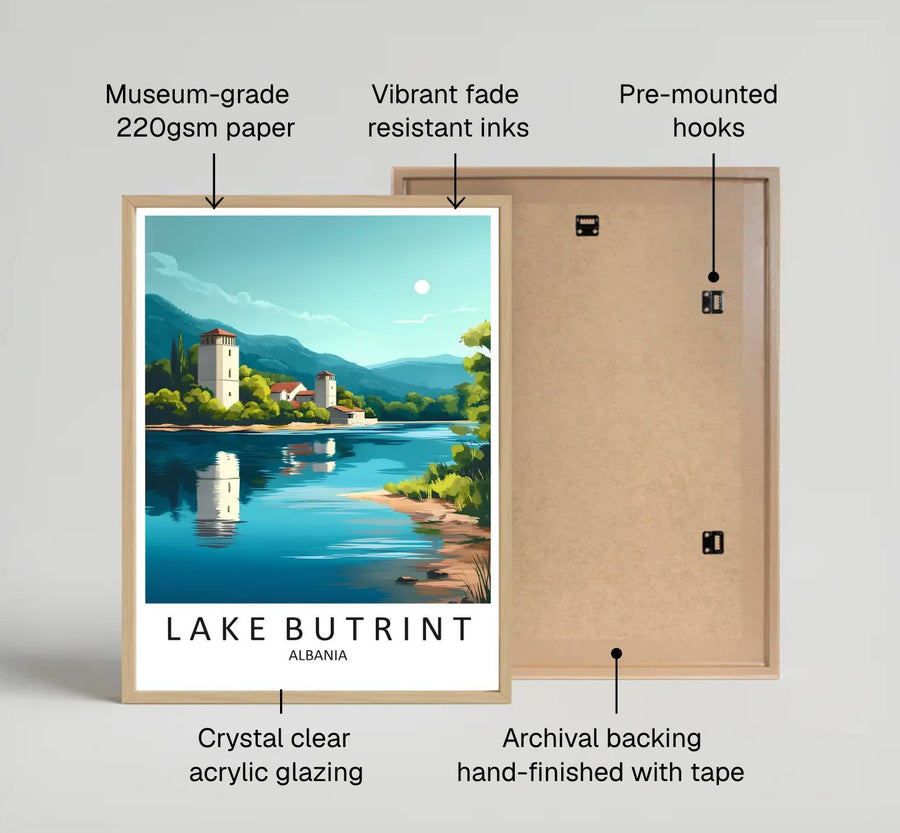 Looking across the calm turquoise surface toward the ancient Venetian Tower of Butrint, this retro print brings peaceful vacation energy indoors. Provided by MapYourDreams in flexible choices such as unframed paper prints, wood-framed styles, and wrapped canvas options.