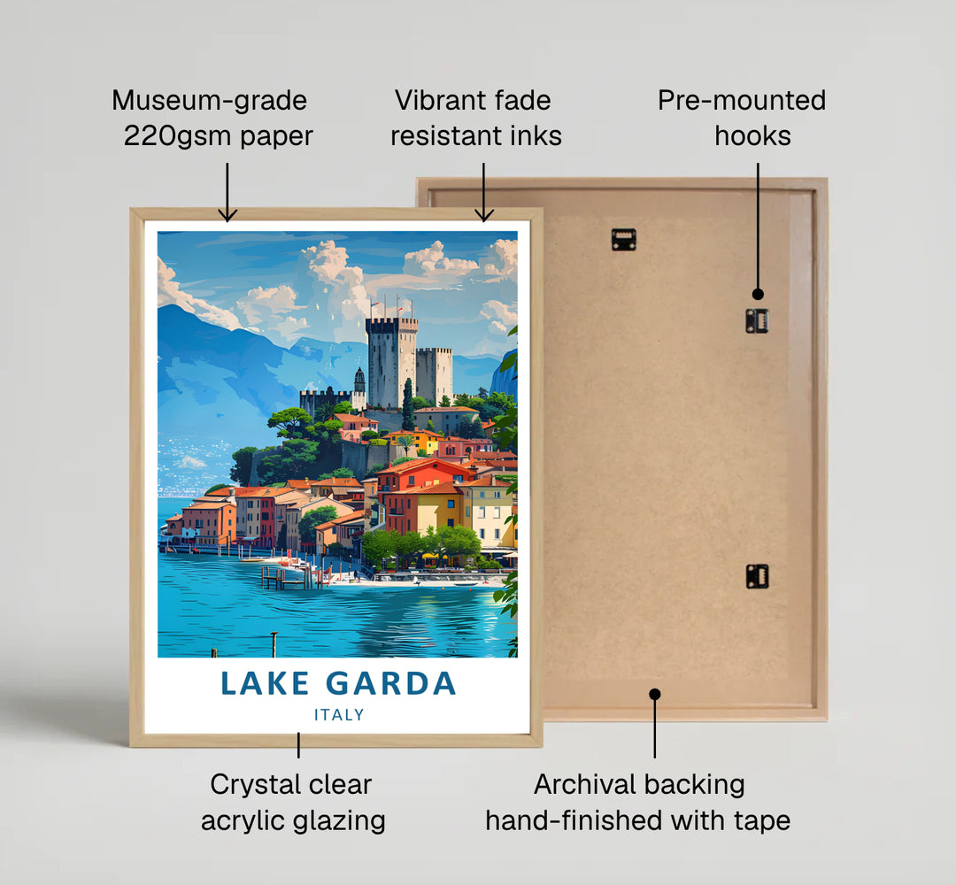 Detailed artistic print of Malcesine Castle on Lake Garda in Italy, showcasing the medieval architecture, blue lake waters, and scenic alpine mountains behind the village; select from our collection of canvas prints, unframed poster prints, or pre-assembled framed wall art finishes.
