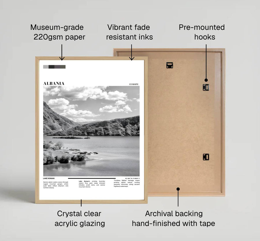 Looking across the fjord-like expanse of Lake Koman toward distant mountain ridges, this black and white print brings quiet wilderness indoors. Provided by MapYourDreams in flexible choices such as unframed paper prints, wood-framed styles, and wrapped canvas options.