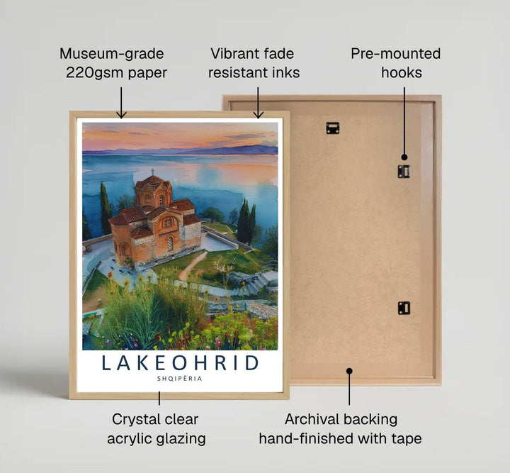 Looking past slender cypress trees toward the glowing horizon over Lake Ohrid, this travel watercolor brings peaceful evening energy indoors. Provided by MapYourDreams in flexible choices such as unframed paper prints, wood-framed styles, and wrapped canvas options.