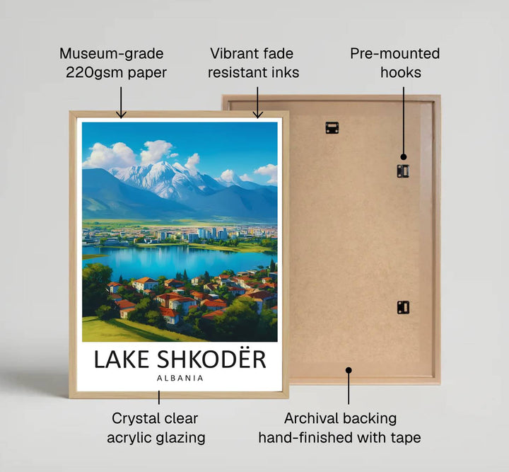 Looking across the vast turquoise surface toward the snowy peaks of northern Albania, this retro print brings peaceful alpine vacation energy indoors. Provided by MapYourDreams in flexible choices such as unframed paper prints, wood-framed styles, and wrapped canvas options.