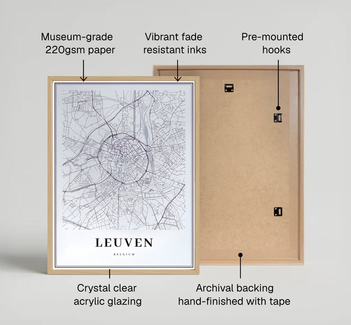 Sleek black and white graphic city map poster representing the university town geography of Leuven, Belgium. Offered by MapYourDreams, this artwork is available in flexible options including unframed paper, custom wooden frames, and gallery canvas wraps.