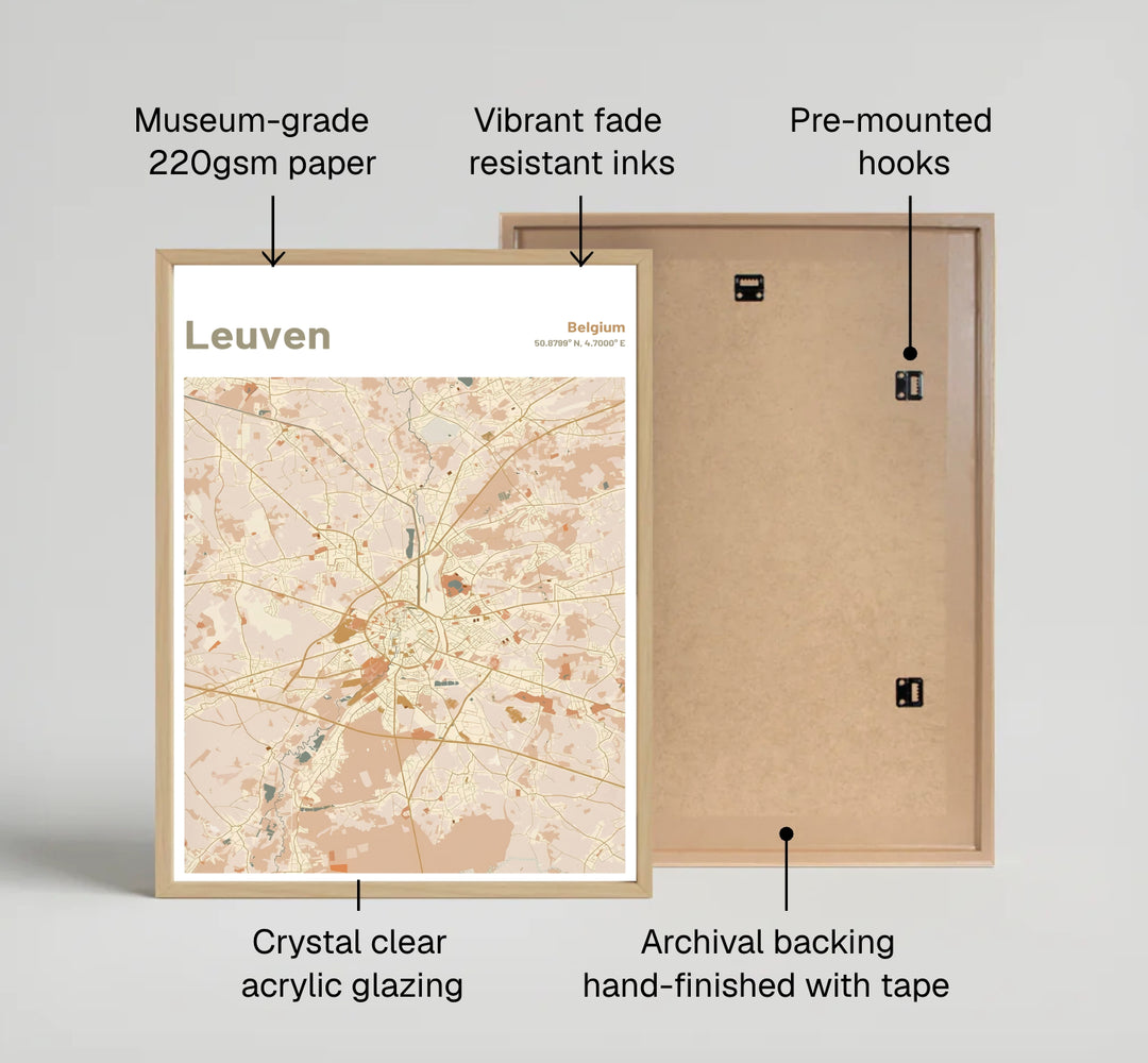 Sleek terracotta graphic city map poster representing the university town geography of Leuven, Belgium. Offered by MapYourDreams, this artwork is available in flexible options including unframed paper, custom wooden frames, and gallery canvas wraps.