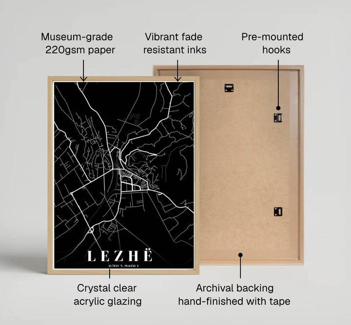 Detailed road networks and river paths converge around Lezhë in this modern monochrome geography poster from northwestern Albania. Provided by MapYourDreams with multiple finishes like unframed art paper, custom wooden frames, and gallery canvas wraps.