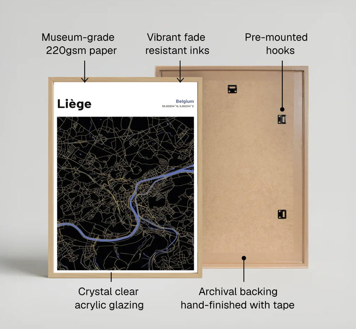 Sleek black and gold graphic city map poster representing the Wallonian city geography of Liège, Belgium. Offered by MapYourDreams, this artwork is available in flexible options including unframed paper, custom wooden frames, and gallery canvas wraps.