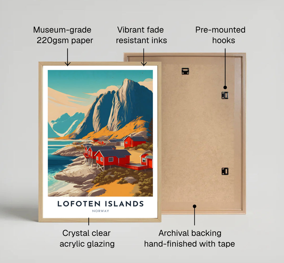 Peaceful Nordic coastal village scene in Lofoten Islands Norway with golden hill slopes, cobalt sea, and crimson cabins. Ideal for modern home styling, this Scandinavian travel print is offered in your choice of classic unframed paper art, durable stretched canvas, or sophisticated framed artwork configurations