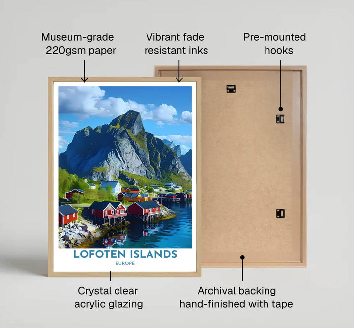 Fine art landscape print of Hamnoy Lofoten Islands printed on premium 220gsm professional matte archival paper stock. Distributed by MapYourDreams, this artwork is available in flexible options including unframed paper, custom wooden frames, and gallery canvas wraps for stylish wall decor.
