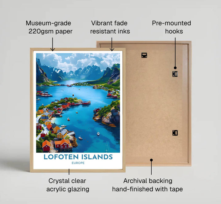 Fine art landscape print of Henningsvaer Lofoten Islands printed on premium 220gsm professional matte archival paper stock. Distributed by MapYourDreams, this artwork is available in flexible options including unframed paper, custom wooden frames, and gallery canvas wraps for stylish wall decor.