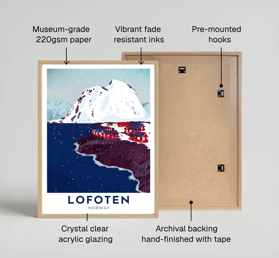 Peaceful Nordic winter scenery in Lofoten Norway featuring falling snowflakes, dark blue fjord water, and crimson shoreline cabins. Designed for minimalist space styling, this Scandinavian travel print is offered in classic unframed paper art, durable stretched canvas, or sophisticated framed artwork configurations.