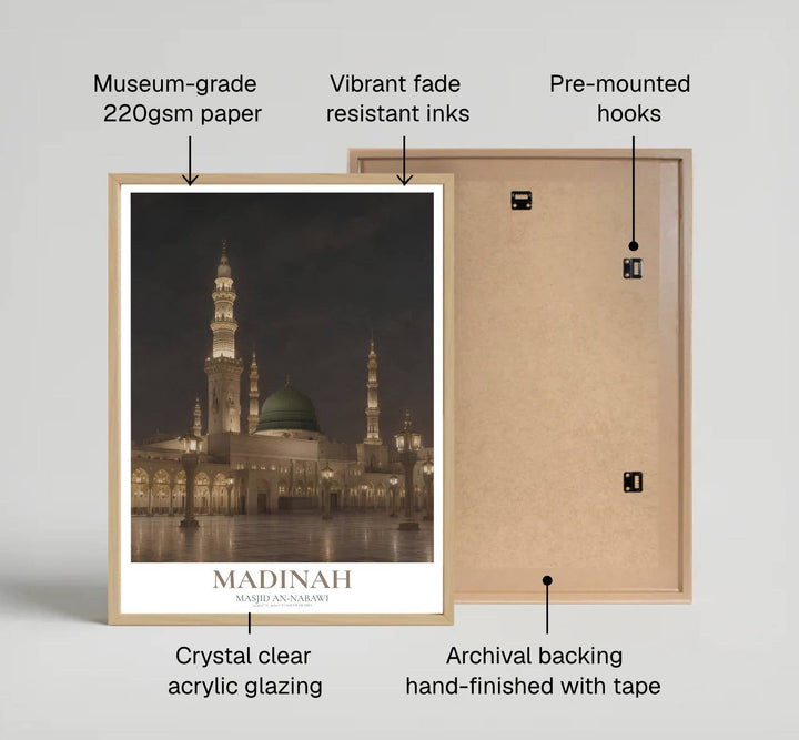 Fine art night photography print of Madinah Prophet Mosque printed on premium 220gsm professional matte archival paper stock. Distributed by MapYourDreams, this artwork is available in flexible options including unframed paper, custom wooden frames, and gallery canvas wraps for stylish wall decor.