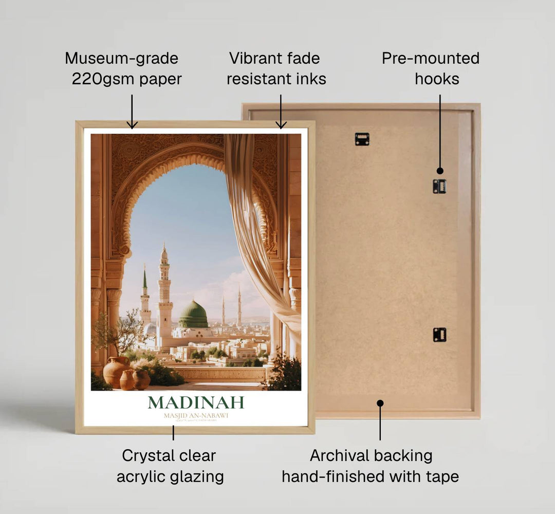 Fine art arch view print of Madinah Prophet Mosque printed on premium 220gsm professional matte archival paper stock. Distributed by MapYourDreams, this artwork is available in flexible options including unframed paper, custom wooden frames, and gallery canvas wraps for stylish wall decor.