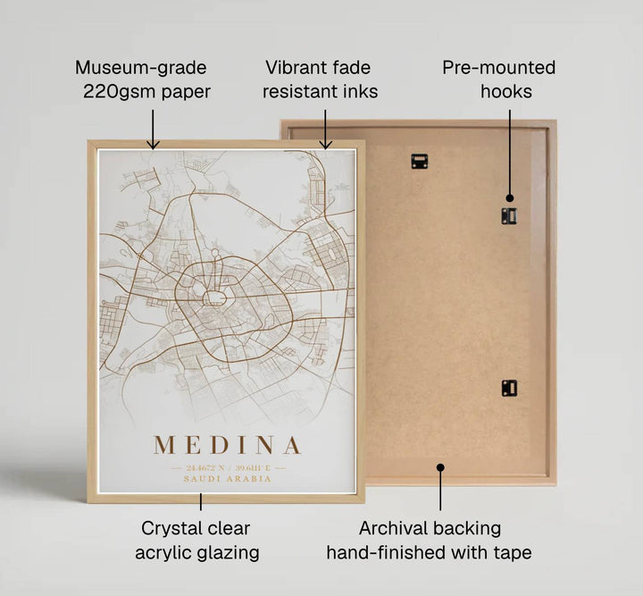 Fine art cartography print of Medina Saudi Arabia map printed on premium 220gsm professional matte archival paper stock. Distributed by MapYourDreams, this artwork is available in flexible options including unframed paper, custom wooden frames, and gallery canvas wraps for stylish wall decor.
