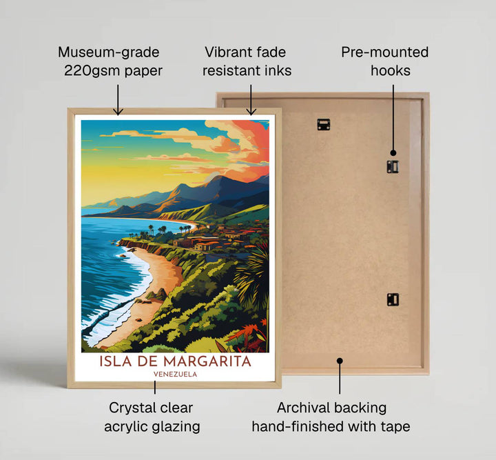 Fine art travel poster featuring margin headers reading ISLA DE MARGARITA VENEZUELA beneath a radiant tropical ocean sunset painting. Available directly from MapYourDreams, this print comes in versatile mediums including roll-packed paper, custom frames, or canvas wraps.