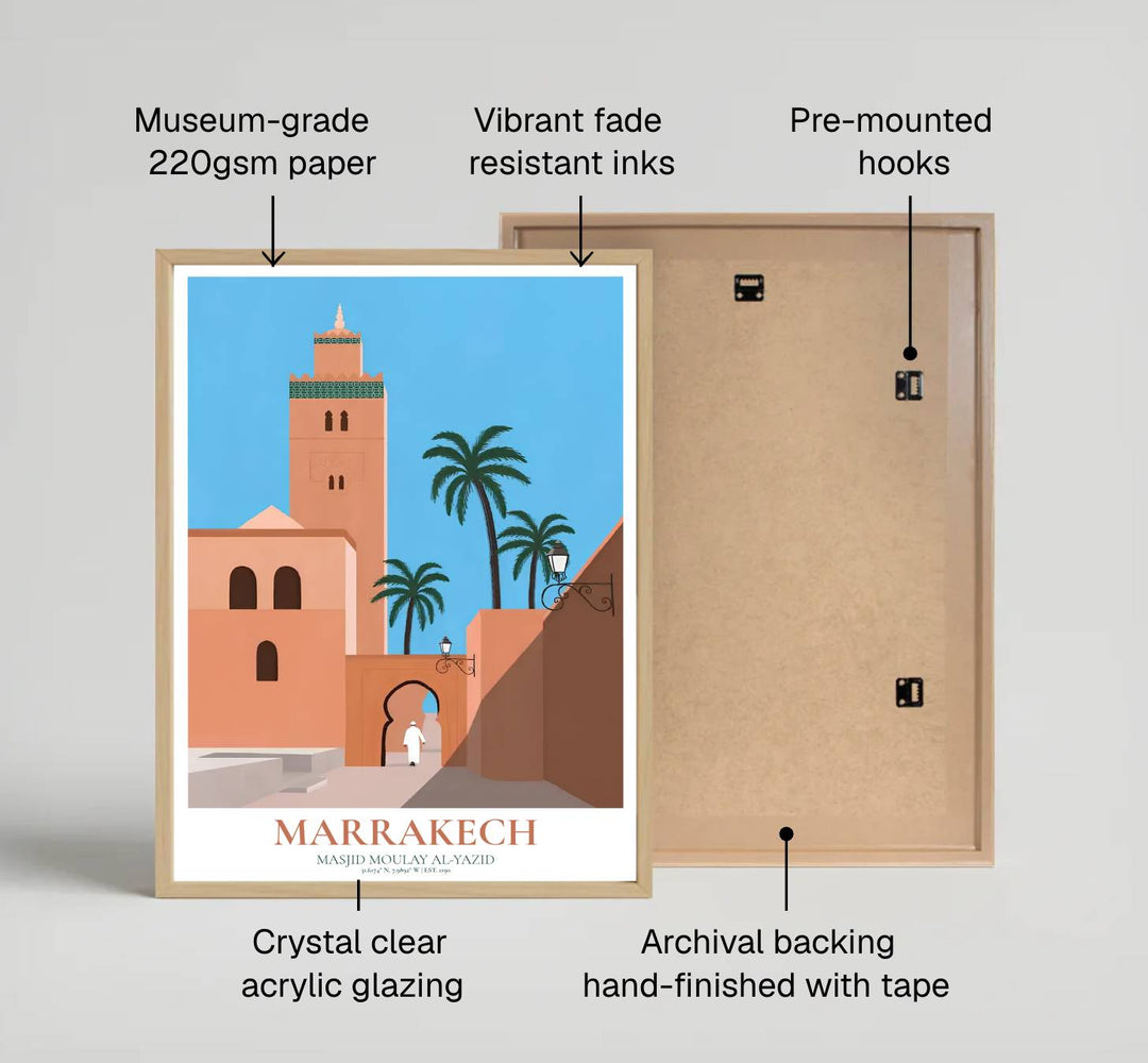 Fine art vector print of Marrakech Kasbah Mosque printed on premium 220gsm professional matte archival paper stock. Distributed by MapYourDreams, this artwork is available in flexible options including unframed paper, custom wooden frames, and gallery canvas wraps for stylish wall decor.