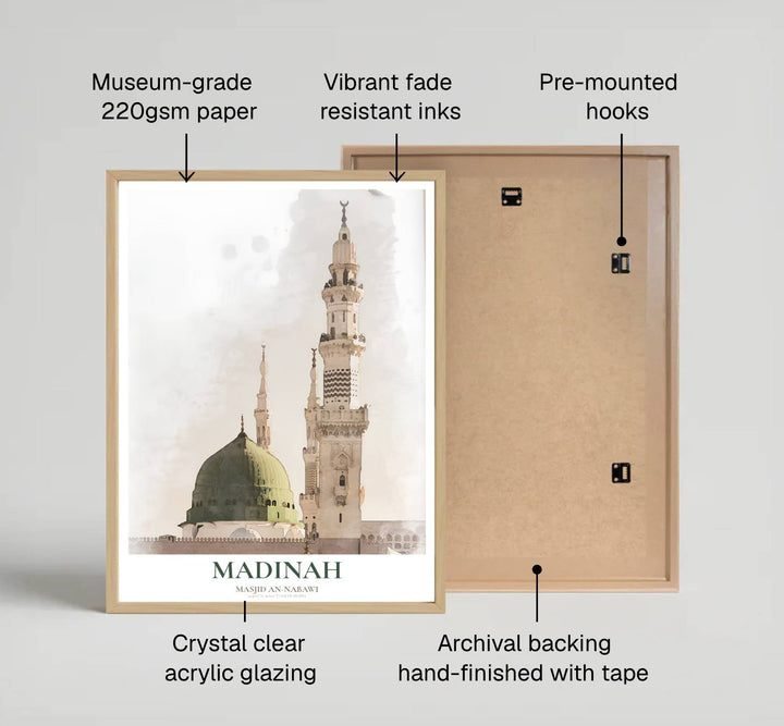 Fine art watercolor print of Medina Prophet Mosque printed on premium 220gsm professional matte archival paper stock. Distributed by MapYourDreams, this artwork is available in flexible options including unframed paper, custom wooden frames, and gallery canvas wraps for stylish wall decor.