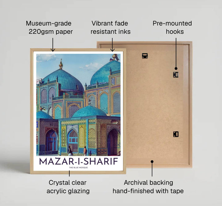 Fine art tilework print of Mazar-i-Sharif Blue Mosque printed on premium 220gsm professional matte archival paper stock. Distributed by MapYourDreams, this artwork is available in flexible options including unframed paper, custom wooden frames, and gallery canvas wraps for stylish wall decor.