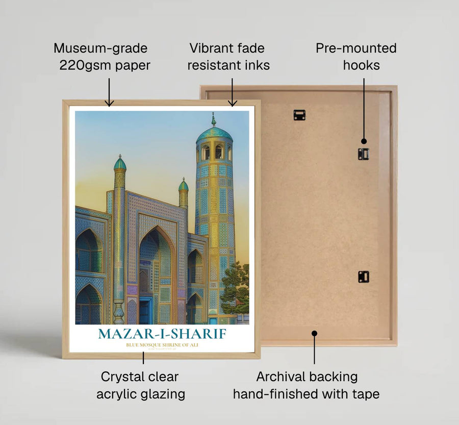 Fine art tilework print of Mazar-i-Sharif Blue Mosque printed on premium 220gsm professional matte archival paper stock. Distributed by MapYourDreams, this artwork is available in flexible options including unframed paper, custom wooden frames, and gallery canvas wraps for stylish wall decor.