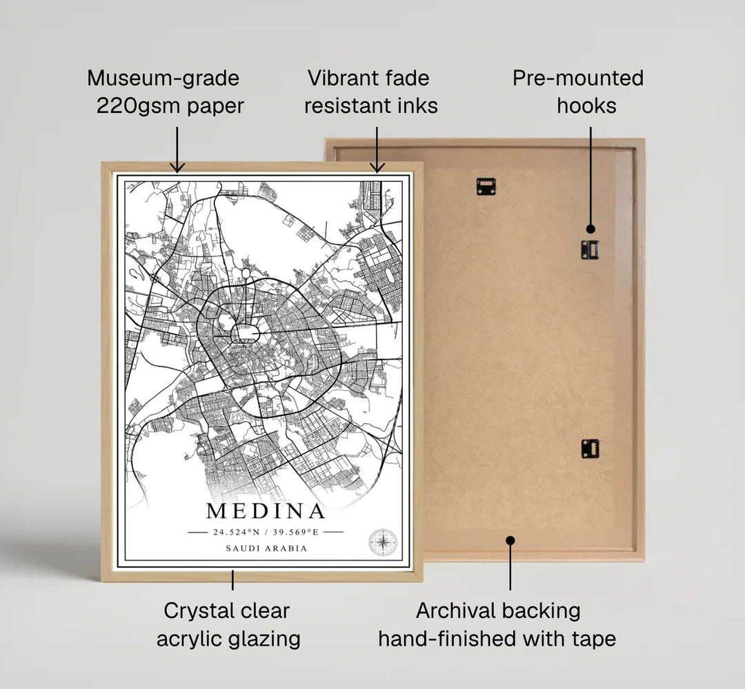 Fine art cartography print of Medina Saudi Arabia map printed on premium 220gsm professional matte archival paper stock. Distributed by MapYourDreams, this artwork is available in flexible options including unframed paper, custom wooden frames, and gallery canvas wraps for stylish wall decor.