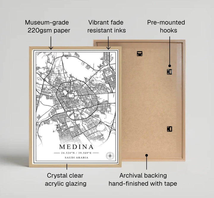 Fine art cartography print of Medina Saudi Arabia map printed on premium 220gsm professional matte archival paper stock. Distributed by MapYourDreams, this artwork is available in flexible options including unframed paper, custom wooden frames, and gallery canvas wraps for stylish wall decor.