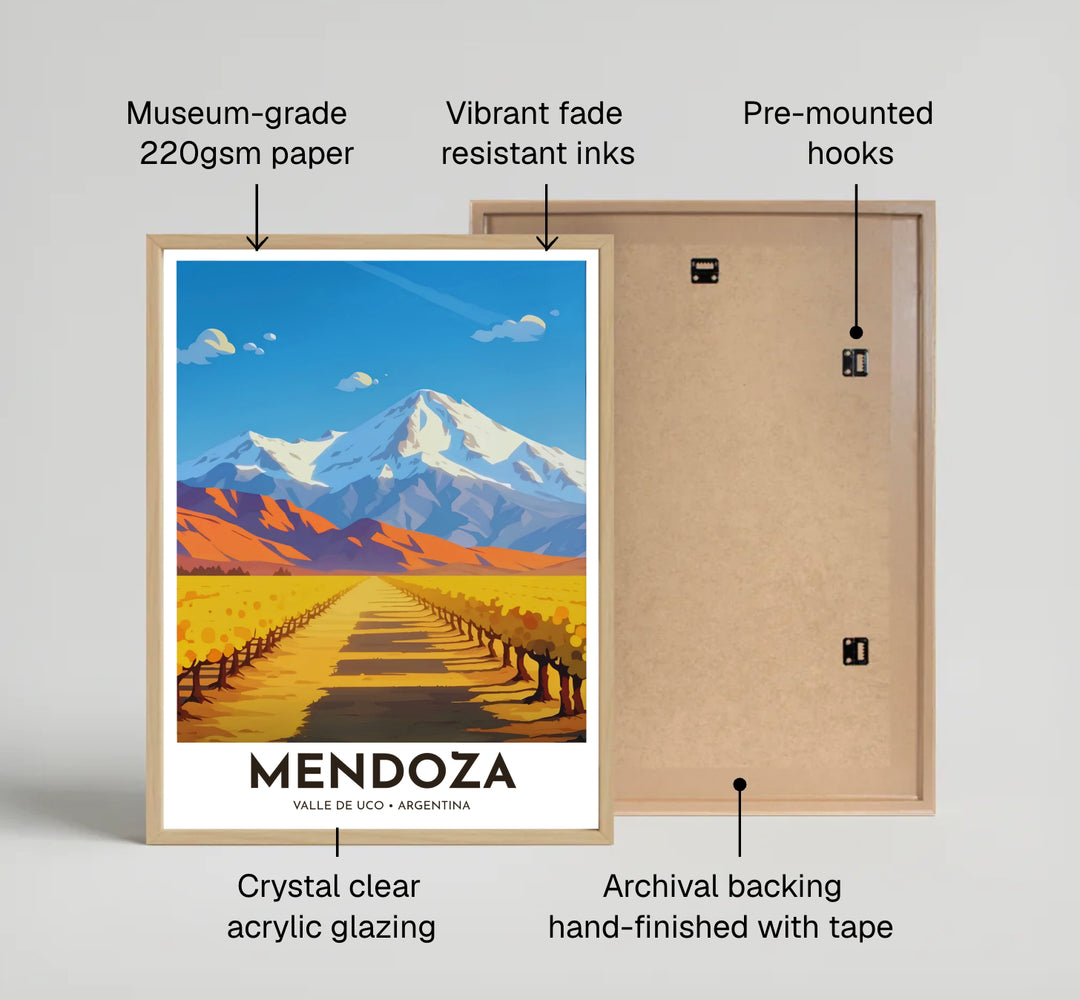 Fine art travel poster featuring bold white margin headers reading MENDOZA VALLE DE UCO ARGENTINA beneath a scenic vineyard view. Available directly from MapYourDreams, this print comes in versatile mediums including roll-packed paper, custom frames, or canvas wraps.