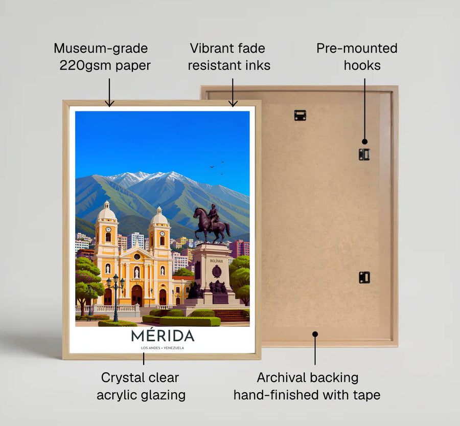 Alpine landscape travel art print capturing the crisp mountain air, colonial history, and snow-dusted summits of Mérida, Venezuela. Offered by MapYourDreams, customers can choose between standalone paper prints, ready-to-hang wooden frames, and gallery canvas wraps.