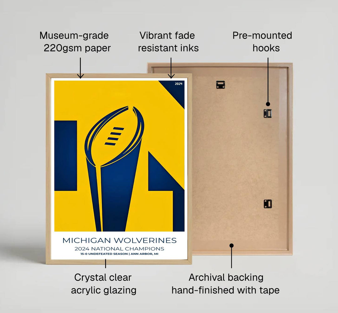 Commemorative Michigan poster displaying 2024 National Champions artwork with sleek title text reading MICHIGAN WOLVERINES. Offered by MapYourDreams, this artwork is available in flexible options including unframed paper, custom wooden frames, and gallery canvas wraps to enhance any wall space.