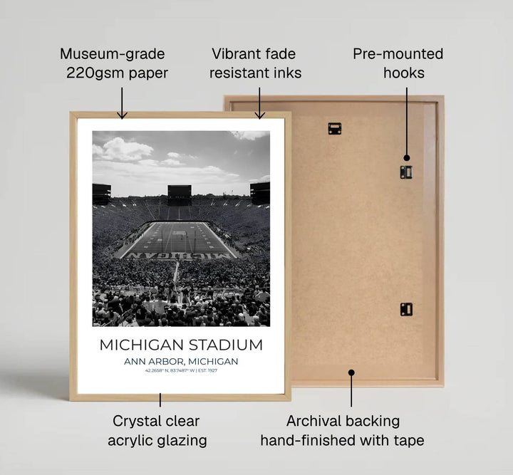 Scenic Ann Arbor poster displaying Michigan Stadium artwork with sleek title text reading MICHIGAN STADIUM at bottom. Offered by MapYourDreams, this artwork is available in flexible options including unframed paper, custom wooden frames, and gallery canvas wraps to enhance any wall space.