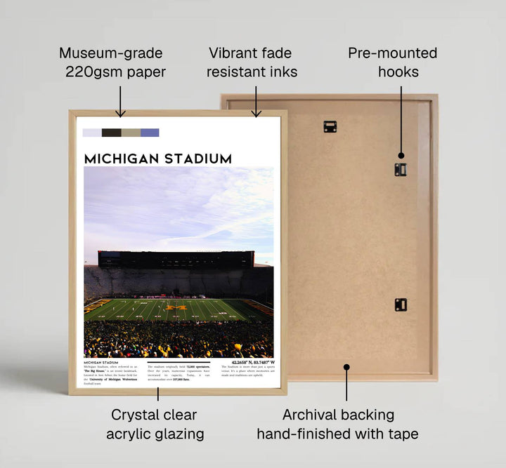 Elegant NCAA stadium poster showing Michigan Stadium The Big House with packed stands under a wide cloud sky. Created by MapYourDreams, this artwork is available in flexible options including unframed paper, custom wooden frames, and gallery canvas wraps for bedroom wall art.
