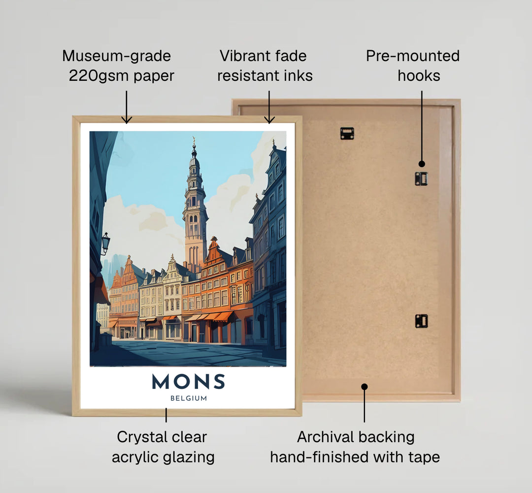 Mid-century visual art poster capturing the streetscape and historic towers of Wallonia in Mons, Belgium. Offered by MapYourDreams, this artwork is available in flexible options including unframed paper, custom wooden frames, and gallery canvas wraps.