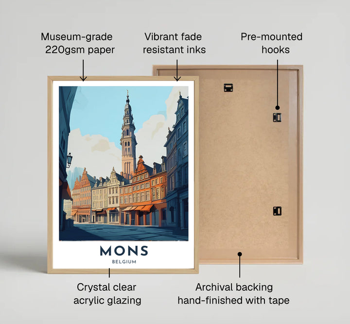 Mid-century visual art poster capturing the streetscape and historic towers of Wallonia in Mons, Belgium. Offered by MapYourDreams, this artwork is available in flexible options including unframed paper, custom wooden frames, and gallery canvas wraps.