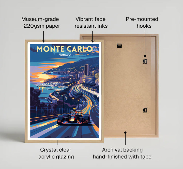 Vibrant travel poster of Monte Carlo in Monaco displaying a race car rounding a tight corner by the harbor as the sun sets behind steep mountains, casting warm reflections across the water; custom tailored as an unframed print, gallery canvas print, or framed wall art.