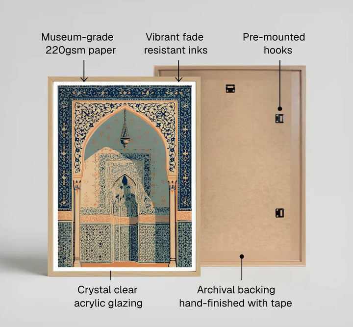 Fine art tilework print of Alhambra Moorish arch printed on premium 220gsm professional matte archival paper stock. Distributed by MapYourDreams, this artwork is available in flexible options including unframed paper, custom wooden frames, and gallery canvas wraps for stylish wall decor.