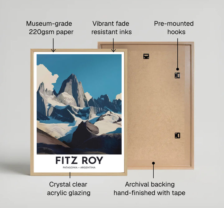 Fine art nature poster featuring bold margin headers reading FITZ ROY PATAGONIA ARGENTINA beneath a slate blue mountain peak view. Available directly from MapYourDreams, this print comes in versatile mediums including roll-packed paper, custom frames, or canvas wraps.